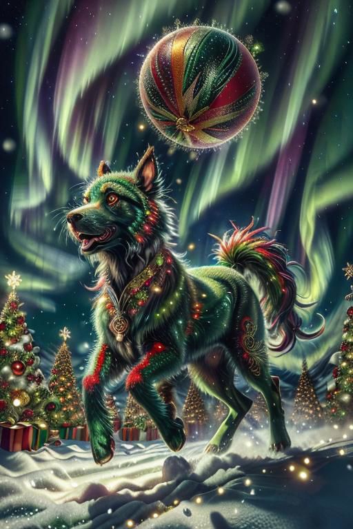 A Christmas-themed drawing of a dog with a green body, red tail, and green ears, standing in front of a backdrop of Christmas trees.