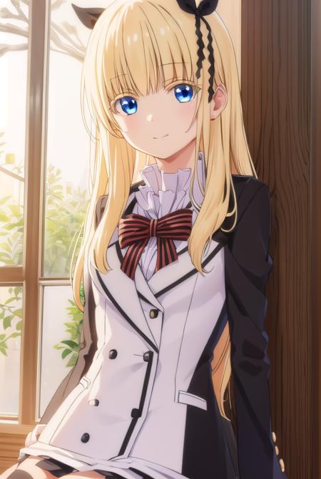 julietpersia, <lora:juliet persia s1-lora-nochekaiser:1>,
juliet persia, long hair, bangs, blue eyes, blonde hair, black ribbon, black bow, hair ribbon, hair bow, smile,
BREAK skirt, shirt, thighhighs, long sleeves, school uniform, jacket, white shirt, pleated skirt, shoes, striped, miniskirt, bowtie, black skirt, red bow, zettai ryouiki, black ribbon, garter straps, blazer, (white jacket:1.5), striped bow, striped bowtie,
BREAK indoors, classroom,
BREAK looking at viewer, (cowboy shot:1.5),
BREAK <lyco:GoodHands-beta2:1>, (masterpiece:1.2), best quality, high resolution, unity 8k wallpaper, (illustration:0.8), (beautiful detailed eyes:1.6), extremely detailed face, perfect lighting, extremely detailed CG, (perfect hands, perfect anatomy),