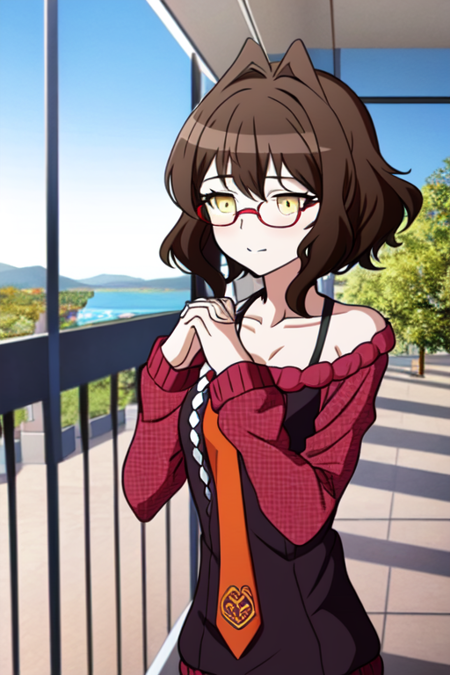 (masterpiece), (best quality:1.4, high quality:1.4, scenery:1.2, anime screencap:1.1), 1girl, solo focus, mitsume kokoro, yellow eyes, brown hair, medium hair, sidelocks, glasses, collarbone, bare shoulder, medium breasts, maroon sweater, long sleeves, black tie, orange tie, black shorts, own hands clasped