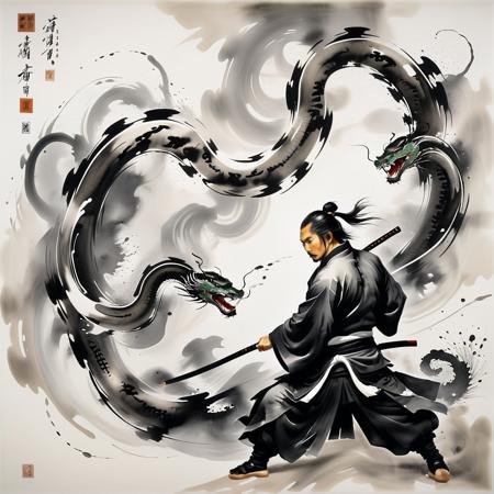 Sinoink, abstract expressionist sumi-e, serpentine samurai melding with swirling ink storm, dynamic brushwork capturing motion, coiling snakes emerging from darkness, dramatic tonal variations black to pale gray, spontaneous ink splashes suggesting movement, balanced asymmetrical composition, spiritual energy flowing through brush strokes, contemporary interpretation traditional techniques, meditative atmospheric mood