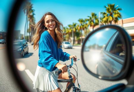 photograph of A smiling beautiful woman dressed in a blue oversized shirt and a white pleated skirt, riding a bicycle, looking at her own reflection in car wing mirror, close up, wide angle, The scene is set on a sunny day with clear blue skies, showcasing an urban street environment with cars and palm trees in the background. The image exhibits a light flare and is partially framed through a circular object, adding a unique visual effect to the composition. The overall mood is carefree and joyful, capturing a casual and stylish moment.