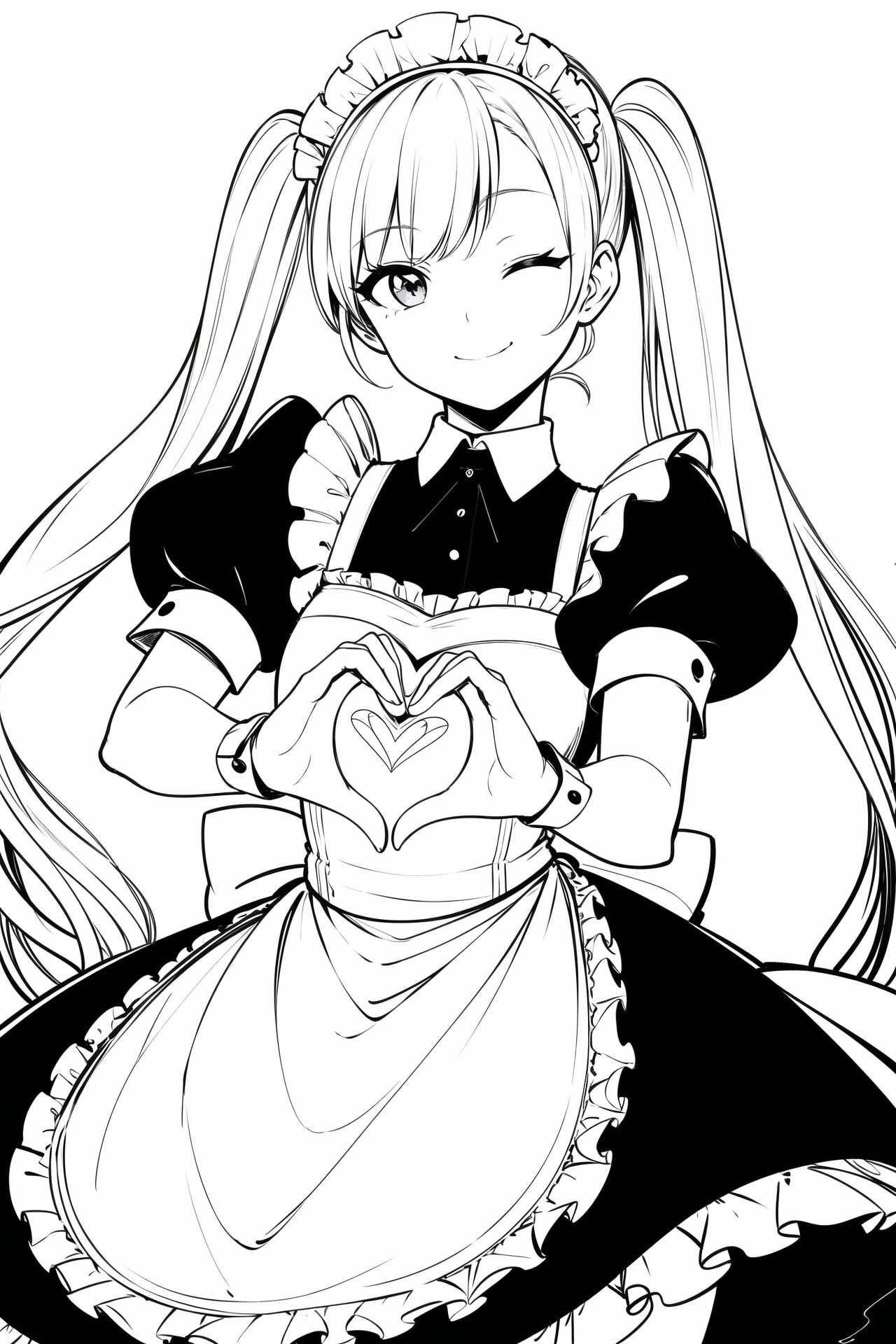 masterpiece, best quality, 1girl, smile, one eye closed, dutch angle, twintails, cowboy shot, maid dress, heart hands, lin...