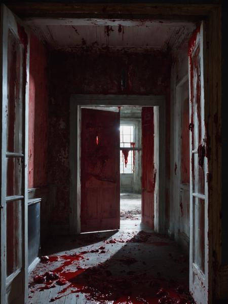 a door is open in a run down building , indoors, no humans, window, blood, scenery, door, horror (theme), hallway , <lora:Movie_aesthetic_XL:1>