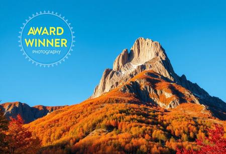 Award-winning photography, towering mountain peak, autumn scenery with vibrant fall colors, clear sky with no clouds, crisp atmosphere, golden and red leaves, sharp mountain textures, dramatic sunlight, wide-angle shot, professional composition, serene and peaceful.