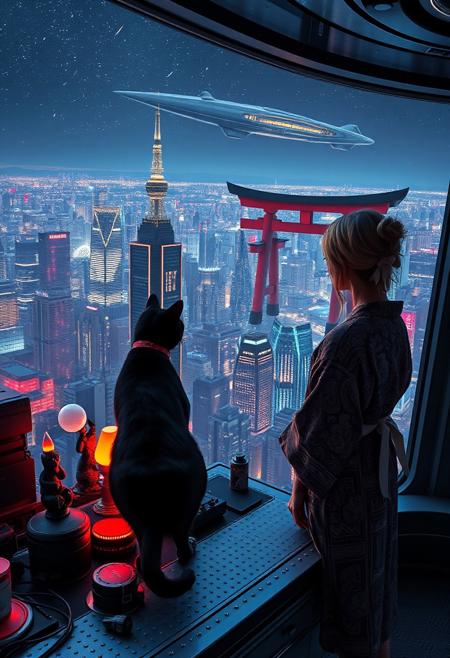 A sleek black cat with red collar sits on a cluttered metal riveted desk with transparent top and rgb led computer components visible inside, On the desk are a maneki neko statue and a lava lamp, the Black Cat is looking out of a seamless and futuristic floor to ceiling window that looks out at thousands of enormous wide and tall futuristic skyscrapers from a large window in a descending spaceship, a beautiful woman, 24 years old, is standing next to the cat looking out at the enormous city at night, filled with buildings of many shapes and sizes, some over a mile tall))), the woman is dressed in an ornate Japanese style bath robe. An enormous deco starship with futuristic lighting and design is visible high above the city, and a space station is visible in the background among the stars, The woman's hair is messy from just waking up and tied up with a ribbon. Artistic cyberpunk, dynamic perspective, (((overall architectural aesthetic is Art Deco Cyberpunk))).  (((A large futuristic building shaped like a torii gate stands among the enormous tokyo structures,)))