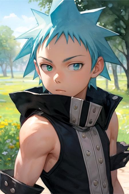 black_star_soul_eater blue hair green eyes spiked hair