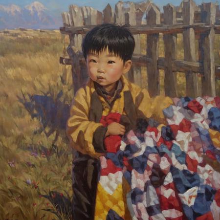 Mongolian  little boy on fence, blankets, 
highres, hq, highly detailed, oil painting, 
 <lyco:Meirzhan_Nurgozhin:1>