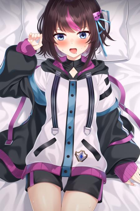 (masterpiece), high quality, highly detailed background, 1girl, solo,
<lora:Soda-v1-03:0.8>, ChopioSoda, blue eyes, brown hair, short hair, hair ornament, streaked hair, hair ribbon, hairclip, pink hair tips, mole under eye, looking at viewer,
(outfit_1:1), hood, hood down, (white jacket:1), long sleeves, sleeves past wrists, puffy long sleeves, puffy sleeves, black shorts,
bedroom, bed, bedsheets, pillow, on bed, on back, head on pillow, embarrassed, from above, sweat,  <lora:sweat_lotion_v2:0.15>,
embarrassed, open mouth, sexy pose,