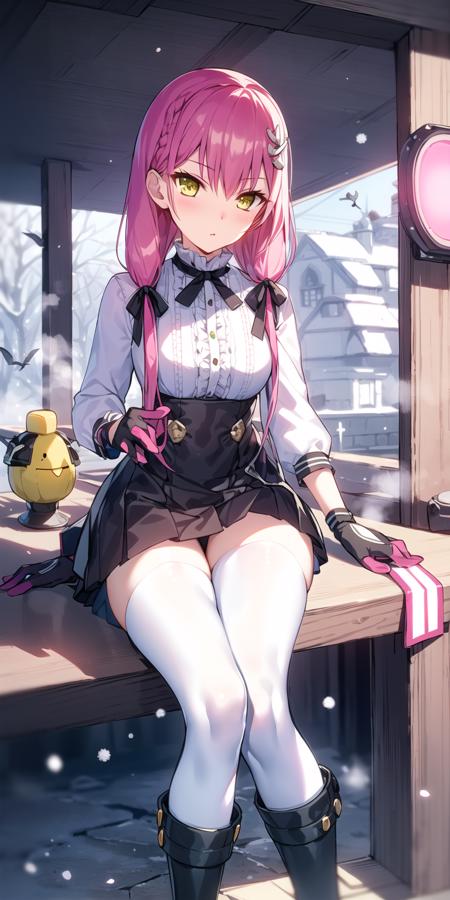 masterpiece,((best quality)),extremely detailed,Illustration,(( station, winter, sunshine,traffic light, bird, steam, snowing)),
hakuto_\(sf\), hakuto_\(swfz\), 1girl,solo, sitting,
pink_hair, long_hair, yellow_eyes, bangs,
suspenders, shirt, long_sleeves, black_skirt, white_legwear, white_pantyhose,
knee_boots, gloves, ribbon,