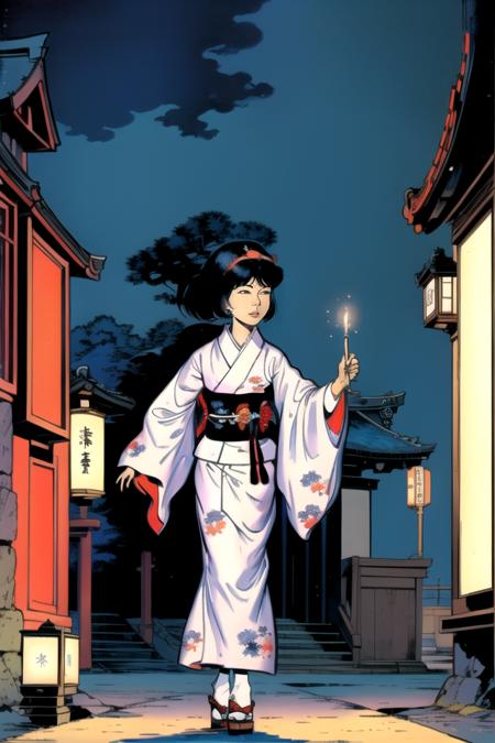 Yoko Tsuno, walking in the streets of old Kyoto by night, sakura kimono, short black hair, red hairband, candles lighting, masterpiece, ultra high res, crystal clear, sharp focus, 1girl, 1990s \(style\), traditional media, retro artstyle, futuristic, science fiction, <lora:yoko_tsuno-10:0.9>