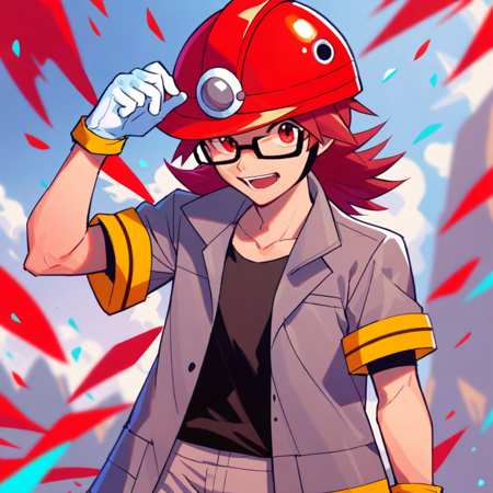 1boy, red hair, red eyes, medium hair, glasses red headwear, helmet grey jacket, black shirt, sleeveless, grey pants, white gloves black footwear, boots