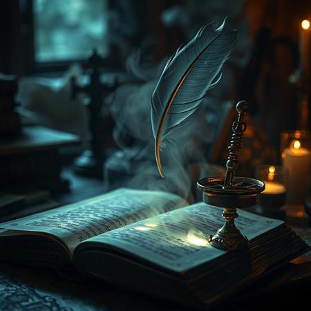 A cinematic macro shot of a surreal alchemist’s desk where dramatic, volumetric light illuminates a scene of quiet magic. An ancient, open book reveals intricate, glowing runes that seem to float off the page, whispering secrets into the dreamy atmosphere. A feather quill hovers mid-air, casting a spell over a bubbling, bioluminescent potion. The shallow depth of field focuses on an ornate brass compass spinning erratically, while the mysterious background dissolves into a soft, ethereal blur, creating a highly detailed and profoundly enigmatic scene.