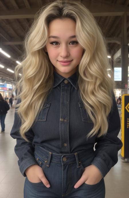 @trinity morisette, Trinity Morisette \(Person\), masterpiece, 1girl, ((portrait shot)), black eyes:1.5, nose, blonde hair, eyeliner, closed mouth, looking at viewer, long hair, smile , denim jeans, huge sagging breasts  , background:  train station ,<lora:Trinity-Morisette:0.7>