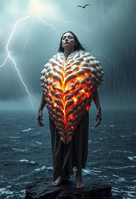 A powerful figure stands on a windswept ocean cliff, her body wrapped in a gigantic, glowing shell breastplate that reflects the moody, stormy sky. The shell’s iridescence catches every flash of lightning, creating a dramatic interplay of light across her chest. The dark ocean roils below, and rain begins to fall softly around her.
