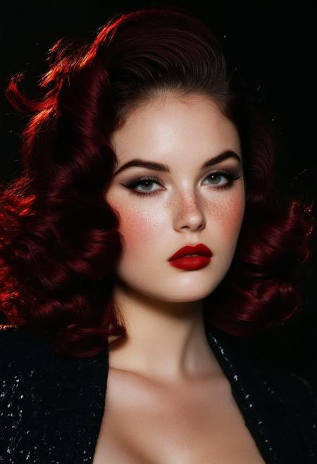 This is a photograph of a young woman standing outdoors at dusk, captured in a moody, high-contrast style. She has a fair skin tone with a slight glow, indicative of a studio lighting setup. Her hair is styled in loose, voluminous waves, falling just above her shoulders, with a slightly tousled, slightly messy texture. Her eyes are accentuated with bold, dramatic makeup, including dark eyeliner and mascara, giving her an alluring, dramatic look. Her lips are painted a rich, deep red, which complements the cool, moody lighting.rockabilly style, 1girl, solo, breasts, freckles, blurry background, blurry, looking at viewer, parted lips, black hair, plunging neckline, 1950's