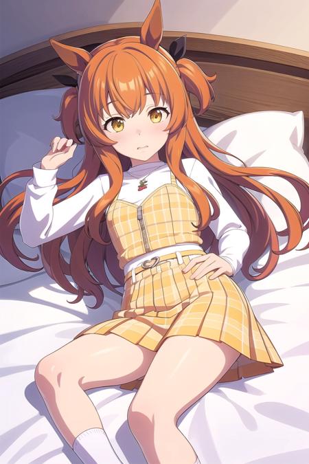 ultra-detailed, high resolution, extremely detailed cg, anime picture,(masterpiece, best quality:1.4), illustration ,1girl, mayacas, embarrassed, orange hair, horse ears, yellow vest, medium breasts, long sleeves, yellow skirt, socks, lying, on bed,<lora:1660462226233910119:0.6>  <lora:deresute-v1.2:0.1>