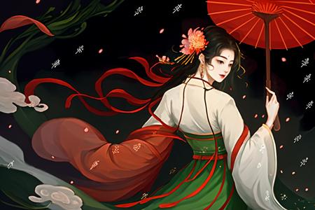 gufeng, 1girl, umbrella, solo, hanfu, long hair, black hair, holding umbrella, hair ornament, flower, chinese clothes, holding, hair flower, jewelry, long sleeves, looking at viewer, snowing, earrings, oil-paper umbrella, wide sleeves