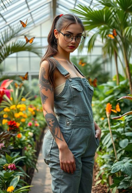 Super sexy 20yo Hungarian babe working in huge classical greenhouse, designed by Eiffel, tropical flowers, butterflies, big exotic looking trees and plants, wallpaper, tropical plants, she is only wearing oversized gardening overalls, gardening and watering plants, ((she has a beautiful face and exudes a warm playful personality)), (((very huge oversized breasts))), 
(((she is standing in an innocently but provocative way))), quirky vibe, (((perfect full hourglass body))), (((large round butt))), long brunette hair in ponytail, wearing round wireframe glasses, lots of natural window light, nautical themed tattoos on arm, sleeves legs and thighs, balanced professional colour photography, taken with Hasselblad H2 digital camera and 80mm lens, medium format professional editorial photograph, unique composition and interesting body posing, fun candid moment caught, candid sexy moment caught, funny sexy vibe, teasing, close view
