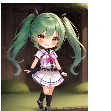 1girl,(chibi:1.5),blush,smile,hachinai uniform,baseball uniform,white skirt,grass,full body,high quality,high resolution,best quality,award winning,highly detailed,hyper extreme detailed BREAK green hair,twintails   <lora:hachinai_uniformV3-000016:1>