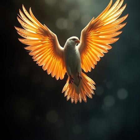 ave fenix, fondo oscuro, primer plano, alas desplegadas, iluminacion derecha, cuerpo de patatas, cortadas, rodajas,