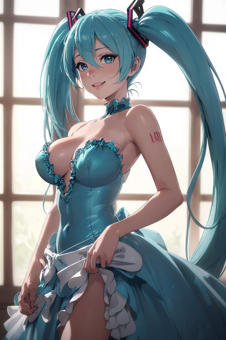 ((Masterpiece, best quality,edgQuality,photorealistic, hyper realistic)),standing,posing for a picture smiling, (Hatsune Miku, aqua hair, twin tails)
edgDreamy, ballgown, a woman in a blue dress posing for a picture , wearing edgDreamy_dress,plunging neckline,breasts apart
 <lora:edgDreamyGowns:1>