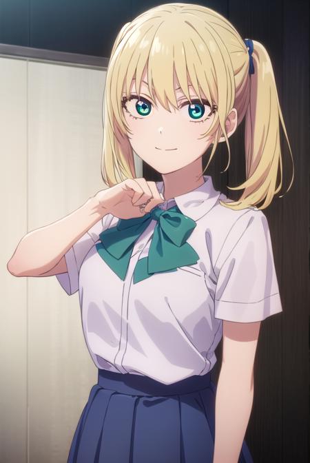 rikahoshizaki, <lora:rika hoshizaki s2-lora-nochekaiser:1>,
rika hoshizaki, (green eyes:1.3), blonde hair, twintails, smile,
BREAK skirt, shirt, bow, school uniform, white shirt, short sleeves, pleated skirt, bowtie, blue skirt,
BREAK indoors, classroom,
BREAK looking at viewer, (cowboy shot:1.5),
BREAK <lyco:GoodHands-beta2:1>, (masterpiece:1.2), best quality, high resolution, unity 8k wallpaper, (illustration:0.8), (beautiful detailed eyes:1.6), extremely detailed face, perfect lighting, extremely detailed CG, (perfect hands, perfect anatomy),