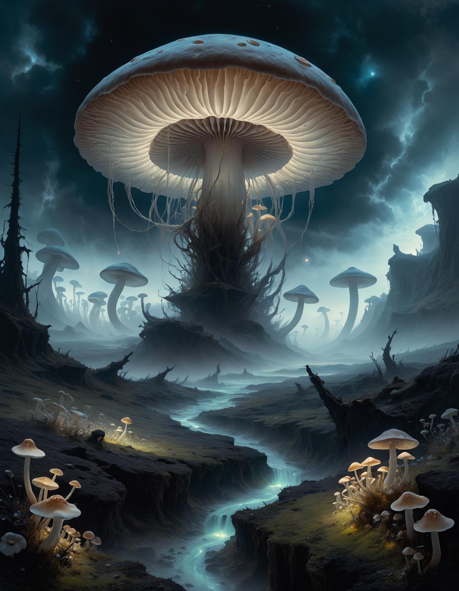 A mushroom forest with a glowing mushroom tree in the center, surrounded by other mushrooms on a dark night.