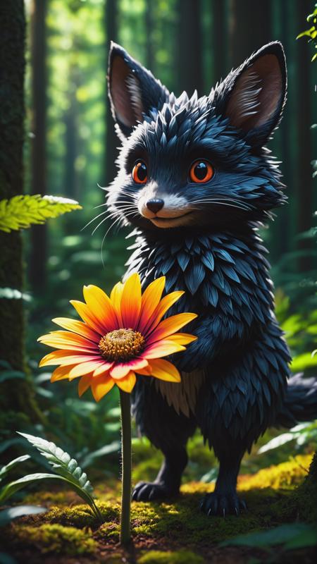 RAW photo, Macro, magic flower character in forest, Concept art, detailed fur, masterpiece, aesthetic, depth of field, noir, high contrast, colorful, poster, hyper detailed, cinematic lighting, soft shadows, sharp focus, best quality, ISO 100, 16K resolution.