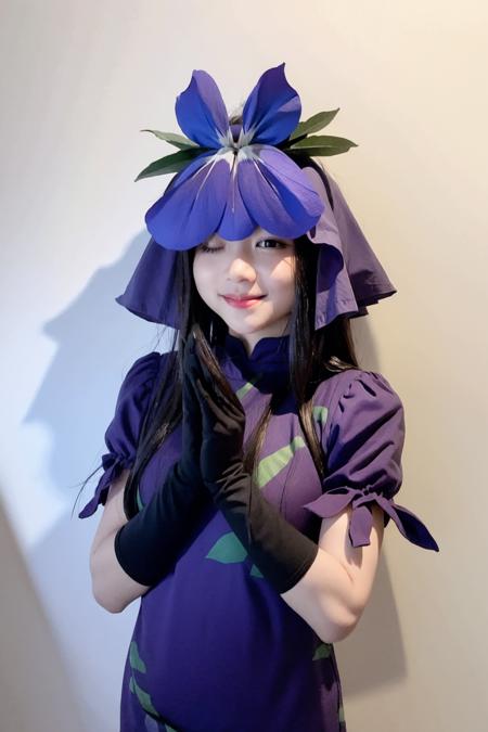 1girl, veil,flower,long hair,black hair,covered eyes,purple eyes,purple dress,short sleeves,black gloves, side slit,floral print,