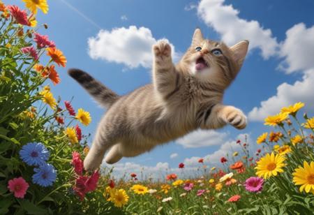Highly detailed photograph of a tabby kitten leaping through the air above a field of colorful flowers. Side view. Floppy ears, floppy tongue, big eyes, very cute, very happy, joyful. Blue sky with fluffy clouds. Bright sun, (god rays).