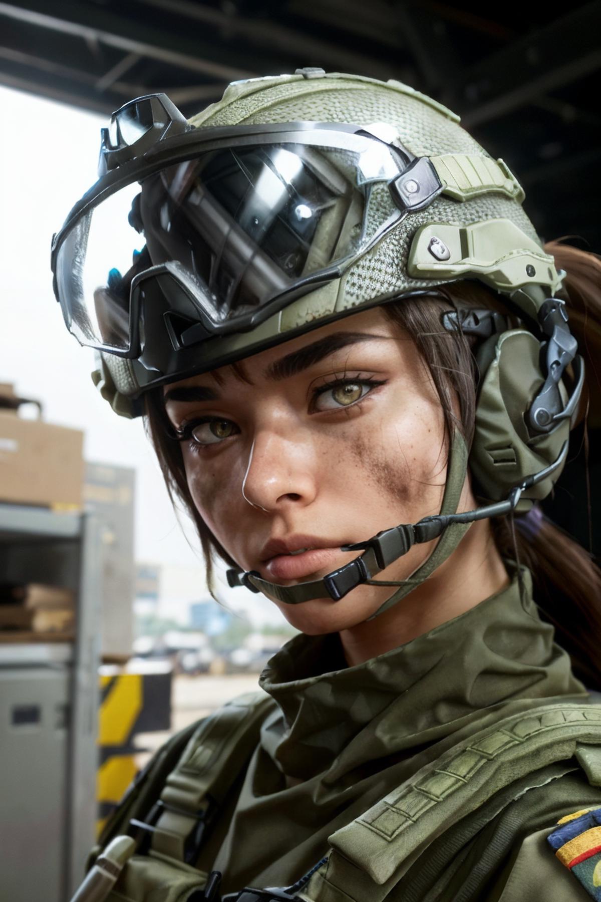 A woman with green eyes wearing a military helmet and a uniform.