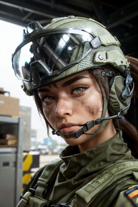 blasco, yellow eyes, dirty face, helmet, goggles on helmet, headset, ponytail, military clothes, bulletproof vest, shoulder pads, looking at viewer, serious, close up, inside, garage, bright lighting, high quality, masterpiece, <lora:blasco-08:.8>