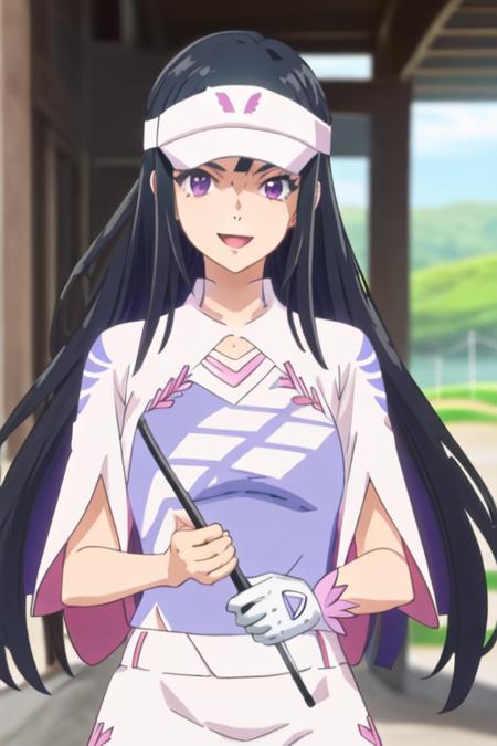 best quality, masterpiece, highres, solo, {amawashi_aoi_birdiewinggolfgirlsstory:1.15}, long_hair, black_hair, purple_eyes, smile, visor_cap, day, blue_hair, 1girl, anime_coloring, blurry, open_mouth, blurry_background, parody, bangs, hair_ornament, school_uniform