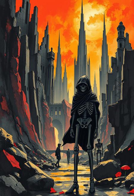 A time traveler stuck in a decaying future, where towering ruins and skeletal figures haunt the streets
intricate Art Nouveau linework meets bold Fauvist expressionism, high-contrast black-and-white elegance fused with vivid, dynamic color, flowing organic forms juxtaposed with thick, gestural brushstrokes, stylized and elongated figures with expressive, raw energy, rich textures blending fine detail and painterly abstraction, dramatic composition with strong movement, interplay of decorative ornamentation and wild, emotive landscapes, fusion of controlled precision with spontaneous vibrancy