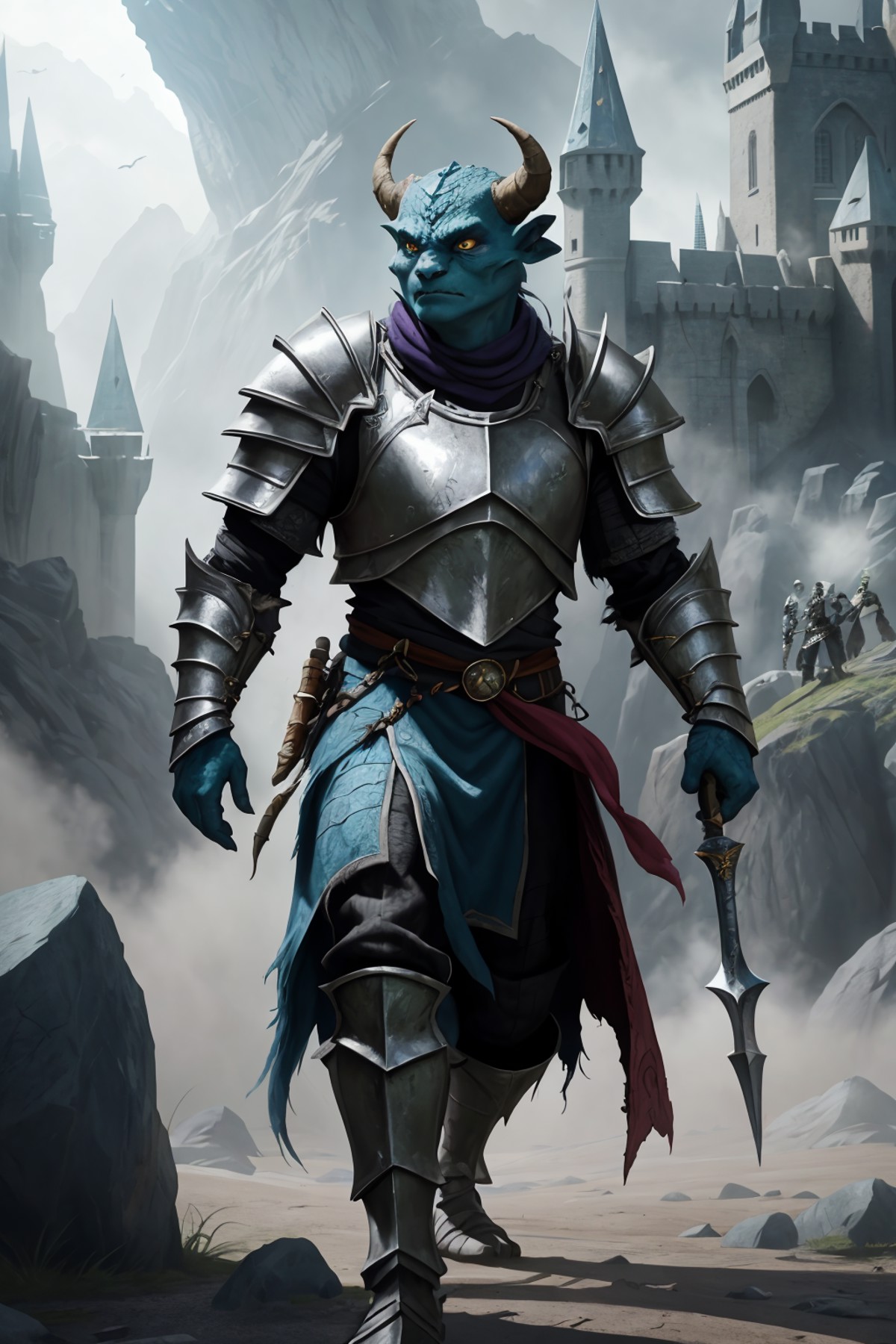 dungeons and dragons epic movie poster dragonborn wearing plate armor marching into battle (windy dust debris storm:1.1) v...