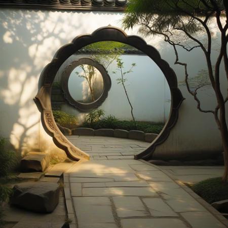 yueliangmen, there is a mirror in the middle of a path in a garden, circular gate in a white wall, qiangshu, play of light, perfectly shaded, morning lighting, medium closeup, mystical setting, during the day, walking at the garden, chinese, su fu