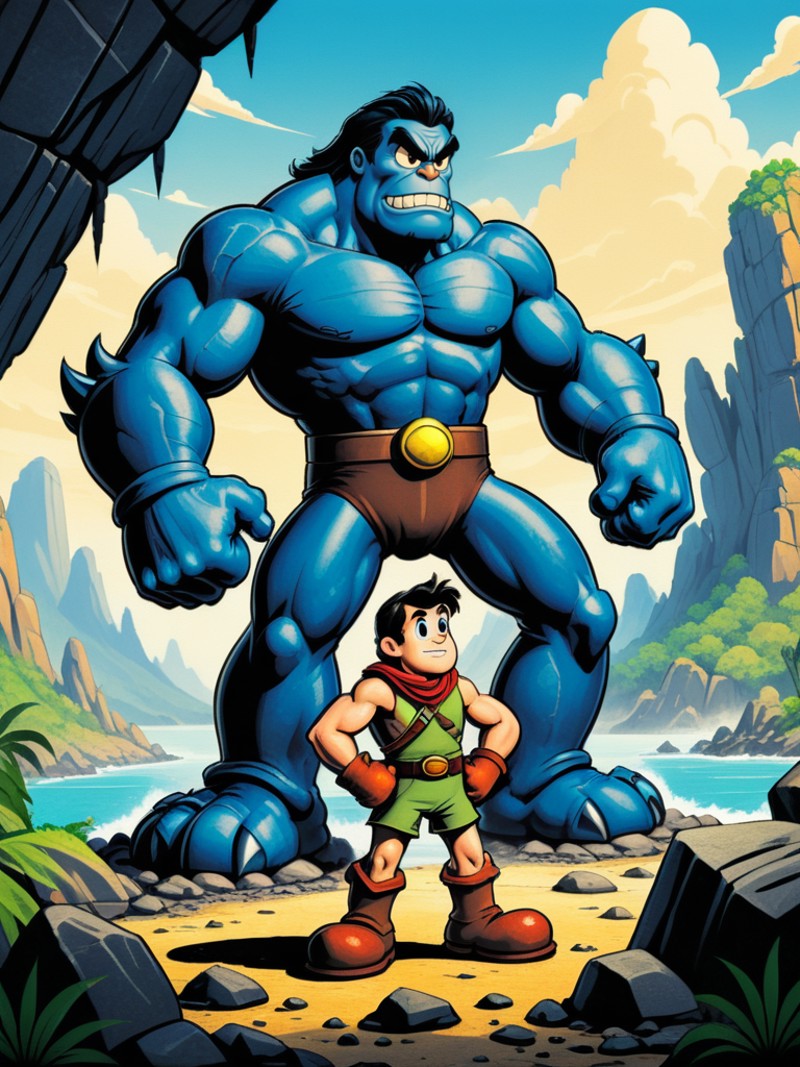(old cartoon style illustration:1.1)  of 
an amazing hero in adventurer outfit, staring at a huge rocky monster, rocky isl...