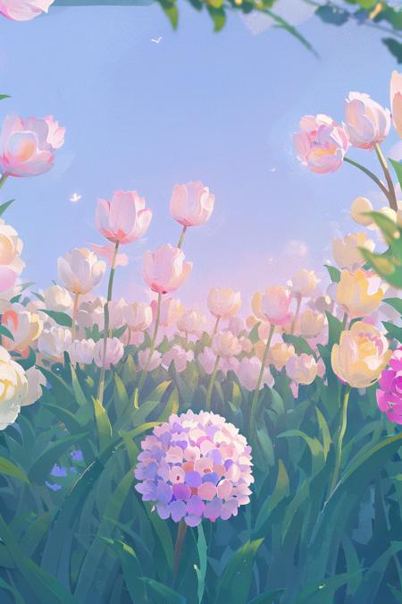 flower, outdoors, no humans, sky, pink flower, day, scenery, blue sky, tulip, leaf, plant, grass, white flower, still life, yellow flower, nature, field, purple flower, scenery, plant, outdoors, day, plant, still life (illustration:1.0), masterpiece, best quality    <lora:floweras_20231016212448:0.8>