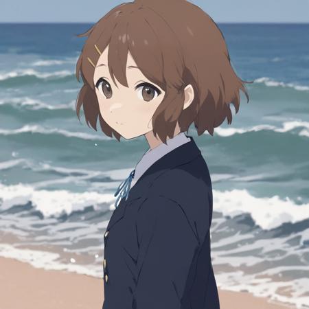 A masterpiece anime professional digital art of a girl named Hirasawa Yui standing by ocean, closeup portrait, in style of Kyoto Animation, K-ON style, with two clips on hair <lora:hirasawa_yui_xl-000024:1>