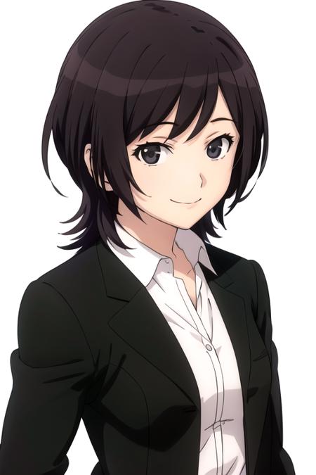 solo, 1girl, looking at viewer, 2D, anime, anime coloring, upper body, (solid white background:1.3), <lora:maya-amagami:0.7>, maya takahashi, suit, black jacket, open jacket, looking at viewer, smile