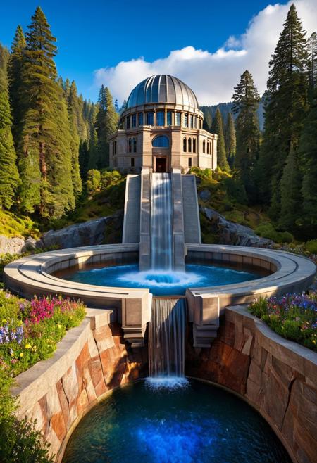 (masterpiece:1.5), (score_9, auto1111), extreme quality, reflections, surface reflections, ((no humans, no people)), a spectrum of iridescent colors, precise, fractal design, flowing curves, precision, striking visuals, sharp focus, detailed background, light reflections, architecture of boundless opportunities, (an enormous titanium observatory sitting on top of an enormous Stone basin), a beautiful enormous titanium observatory sitting on top of an enormous Stone basin at the rim of a enormous redwood forest, mountains in the background, enormous redwood trees, (a flowing stream with a waterfall), realistic, photorealistic, blue sky, fluffy clouds, flowing water, fluid architecture, multicolored flowers, luminescent water, sharp background details, detailed enormous titanium observatory, polished titanium, polished Stone, fluffy clouds, mist, ground fog, detailed landscape, landscaping of boundless opportunities, dynamic shaders, vibrant colors, (close-up view), ground fog,