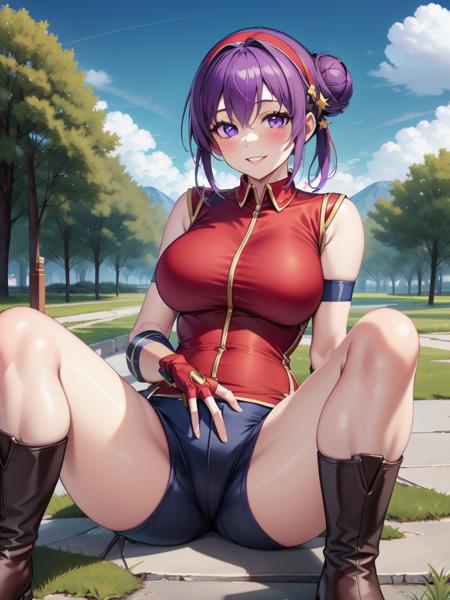 <lora:Asamiya_Athena_KOF2000:0.8> Athena, 1girl, outdoors, solo, gloves, breasts, fingerless gloves, shorts, looking at viewer, smile, tree, day, sitting, boots, sky, large breasts, cloud, spread legs, star (symbol), hair ornament, red gloves, thighs, blue shorts, lips, arm support, blush, blue sky, single hair bun, brown footwear, shiny, parted lips, hand up, sleeveless,
masterpiece, high quality, very_high_resolution, large_filesize, full color,