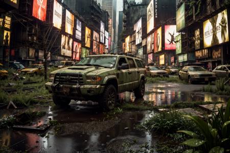 8k, realistic, vray, HDR,  6000K, no human,  new york city, time square, overgrown, raining <lora:PostApocalyptic_v3-000007:0.6> SZ_4po enviroment