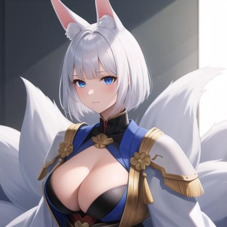 (masterpiece, best quality:1.2),illustration,8k,hd,1girl,solo,upper body,(portrait:1.2),large breasts,short hair,blue eyes,skirt,animal ears,cleavage,tail,white hair,wide sleeves,blue skirt,fox ears,fox tail,fox girl,multiple tails,hakama,white kimono,hakama short skirt,<lora:Kaga(azur)>,