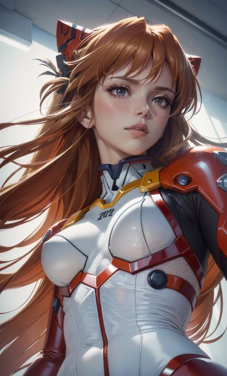 (best quality, masterpiece, colorful, dynamic angle, highest detailed)(Asuka Langley), upper body photo, fashion photography of cute red long hair girl (Asuka Langley), dressing high detailed Evangelion red suit (high resolution textures), in dynamic pose, bokeh, (intricate details, hyperdetailed:1.15), detailed, sunlight passing through hair, monocromatic splash art background(high contrast, official art, extreme detailed, highest detailed),, photorealistic, octane render, best quality, looking at viewer, looking down, sharp focus, (8k), (4k), (Masterpiece), (Best Quality), (realistic skin texture), extremely detailed, intricate, hyper detailed, , illustration, soft lighting, , high resolution, sharp detail, blush, (((FROM BELOW)))