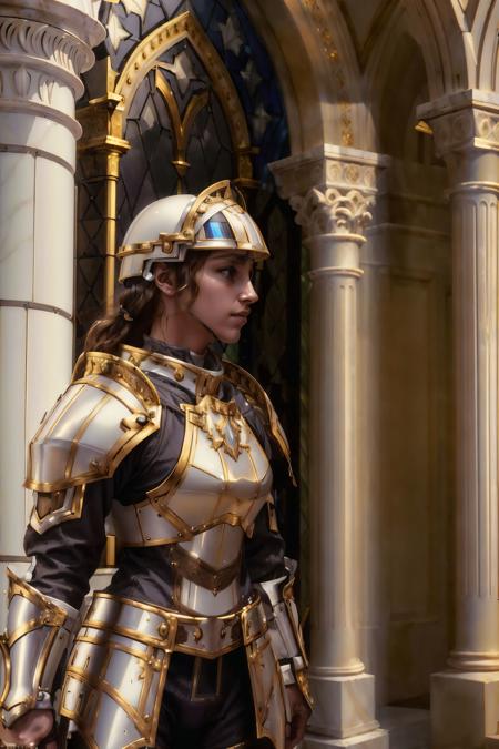 (Masterpiece photograph:1.4), fine detail, HDR, Female knight in highly detailed shiny white armor with gold plating PLD_IM, (helmet:-1), photorealistic standing in an ancient marble church with stained glass during golden hour, <lora:PLD_IM:0.75>