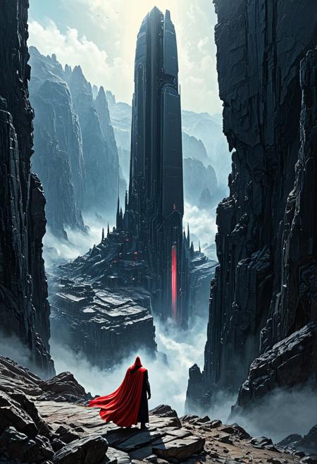 A beautiful expressive painting.
This is a highly detailed digital painting of a fantasy landscape with a very high aesthetic quality. The image showcases a towering, futuristic structure resembling a colossal, mechanical monolith with intricate, metallic textures and a dark, industrial color palette. The structure is set against a backdrop of rugged, canyon-like rock formations and a misty, ethereal atmosphere, suggesting an otherworldly environment. In the foreground, a lone figure dressed in a red cape and dark attire stands on a rocky outcrop, gazing up at the monolith. The lighting is dramatic, with a mix of bright sunlight illuminating the scene from above and casting long shadows, enhancing the depth and realism. The camera angle is low and upward-looking, emphasizing the grandeur of the structure. The background is in focus, providing a clear view of the entire scene.