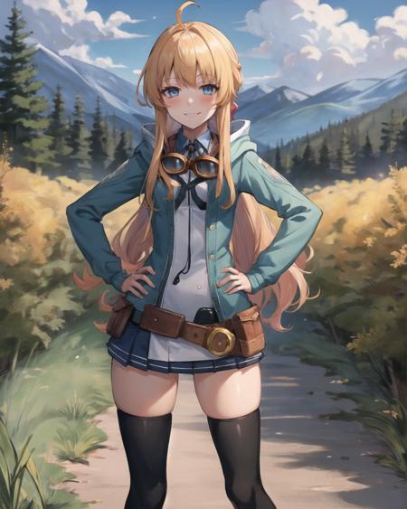 best quality, (masterpiece:1.2), illustration, absurdres,
(1girl, solo), (beautiful detailed girl),
<lora:Tita:0.95>, Tita Russell, blue eyes, blonde hair, long hair, ahoge, small breasts, flat chest, petite,
goggles on neck, green hoodie, blue shirt, miniskirt, black socks, red shoes,
overlooking distant mountains, distant river, (pine forest), autumn colors, sky, clouds, intricate, detailed background,,
looking at viewer, smile, blush,
((hands on hips)), cowboy shot,