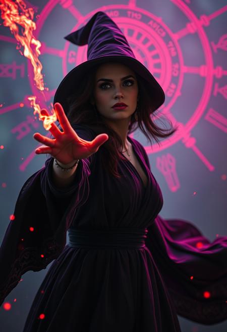 A cinematic full body shot of a female, nice witch, powerful spells and sparks and flames emerging from her hand, layered red and purple lines.  eldritch symbols in the background. Looking at viewer. She is flying in the air and looking up at the sky, enjoying her power. Use subtle red starburst and bokeh elements, with enhanced volumetric lighting to create a vibrant, high-contrast scene. Ensure the image maintains a surreal, emotionally impactful atmosphere in 8k resolution with intricate skin texturing. Angry. Ultrarealistic. absurdres.