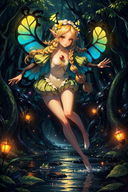 (masterpiece, best quality)
(OdinSphereMercedes:1.14), 1girl, solo, long hair, blonde hair, red eyes, braid, wings, pointy ears, twin braids, frog, fairy, butterfly wings breathtaking, 8k, hyper detailed, cinematic <lora:epi_noiseoffset2:1>  <lora:add_detail:0.7>  <lora:OdinSphereMercedes:0.8>